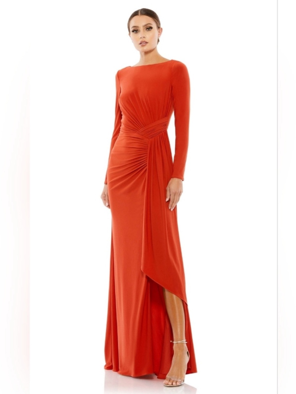 Ieena for Mac Duggal Brick Ruched Long Sleeve Boat Neck Gown Slit Sz 12 Formal